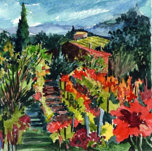 10. Red Vineyard and Barn - Watercolor - 7 x 7 in