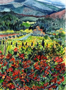 11. Firethorn and Vineyards - Watercolor - 12 x 9 in
