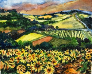 12. Sunflower Landscape - Watercolor - 9 x 12 in