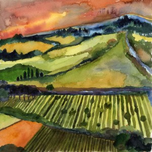 13. Vineyard from Above - Watercolor - 12 x 12 in