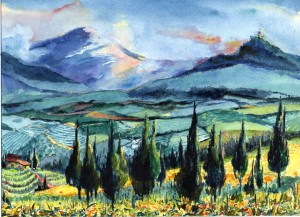 17. Cypresses and Montalcino Tuscany - Watercolor - 12 x 14 in