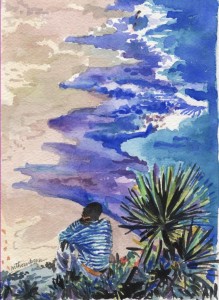 3. Boy Contemplating Bermuda Surf - Watercolor - 10 x 8 in