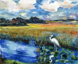 7. White Heron in Stream - Watercolor - 9 x 12 in